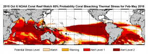 Figure 4. “An extended bleaching outlook showing the threat of bleaching expected in Kiribati, Galapagos Islands, the South Pacific, especially east of the dateline and perhaps affecting Polynesia, and most coral reef regions in the Indian Ocean.” (3)