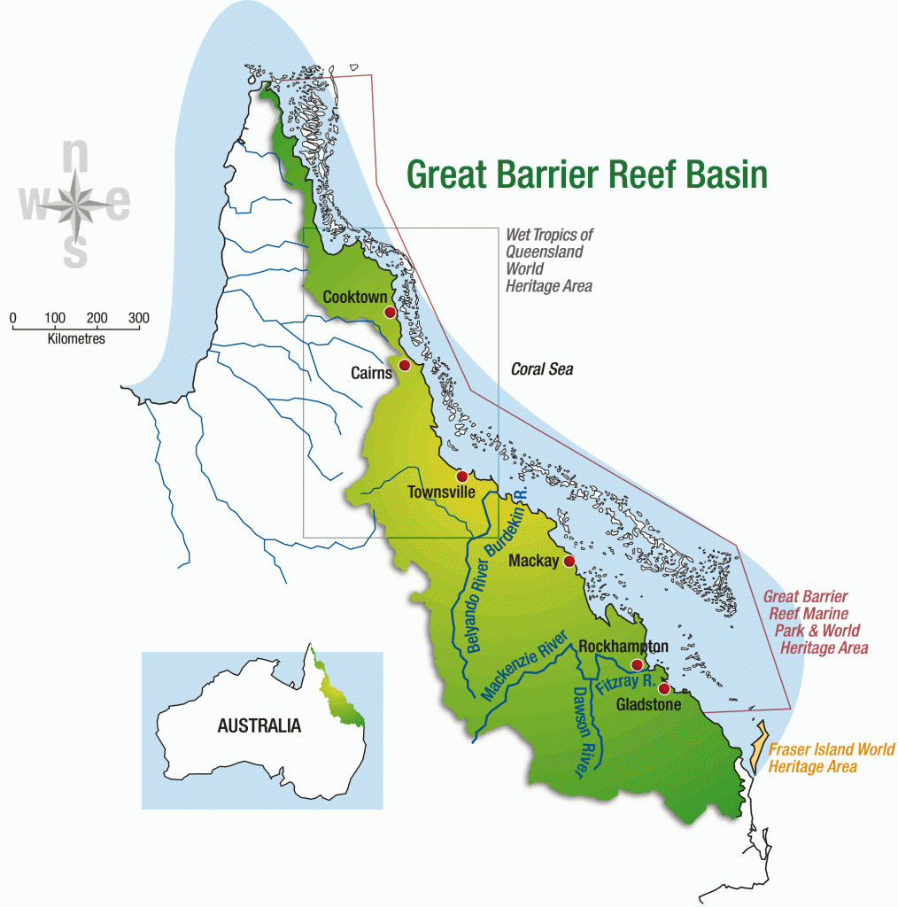 Map of the Great Barrier Reef. The area north of Cairns is currently experiencing moderate to severe bleaching.
