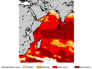 Predicted stress levels with dark red representing areas most likely to see bleaching between February and May of 2016. source: www.noaanews.noaa.gov