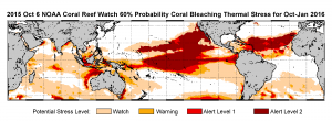 Figure 3. “NOAA’s standard 4-month bleaching outlook shows a threat of bleaching continuing in the Caribbean, Hawaii and Kiribati, and potentially expanding into the Republic of the Marshall Islands.” (3)